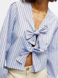 Women's Blouses Women Front Tie Long Sleeve Shirt Spring Casual Striped Print Blouse V Neck Bowknot Lace Up Crop Tops Streetwear