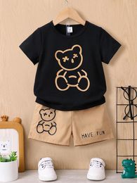 Clothing Sets 2pcs Cute Bear And Fun Letter Graphic Print Boys' Short Sleeve T-Shirt Shorts Set - Comfy Summer Kids