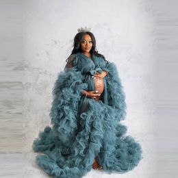 Ruffles Navy Tulle Kimono Women Dresses Robe for Photoshoot Extra Puffy Sleeves Prom Gowns African Cape Cloak Maternity Dress Photograp 284t