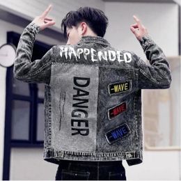 Button Hip Hop Casual Slim Short Autumn with Print Denim Jackets Man Black Grey Jeans Coat for Men on Board High Quality Fashion 240514
