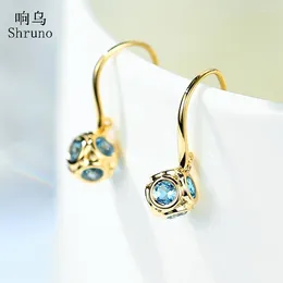 Dangle Earrings Shruno Round Genuine Blue Topaz Solid 18k Yellow / White Rose Gold AU750 Women Vintage Antique Engagement Jewelry