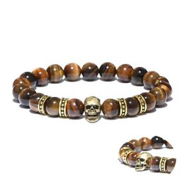 Charm Bracelets Gothic Skull Bracelet For Men 8mm Smooth Tiger Eyes Stone Strand Braslet Accessories Hombre Gifts For Him Vintage Jewellery Joias Y240510