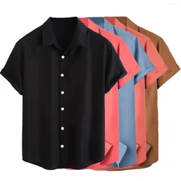Men's Casual Shirts 2024 Summer Fashion Mens Solid Color Short Sleeve Classic Shirt Button-Down Polyester Plain Basic For Men