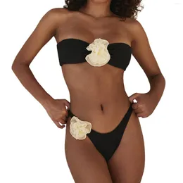 Women's Swimwear Bandeau Swimsuits For Flower Decor Black High Waisted Bikini Sexy Two Piece Bathing Suit 2024 Summer Female Beachwear