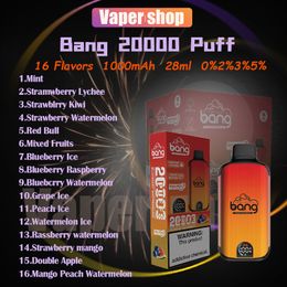 100% Original Bang 20000 puffs Disposable E Cigarettes Mesh Coil 28ml Pod 1000mAh Battery Rechargeable Electronic Cigs Puff 20K 0% 2% 3% 5% Vape Pen Kit Customizable