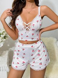 Women's Sleepwear Women Lingerie Pajamas Set 2 Pieces Loungewear Suits Cherry Print Lace Trim Cami Tops And Shorts Underwear For