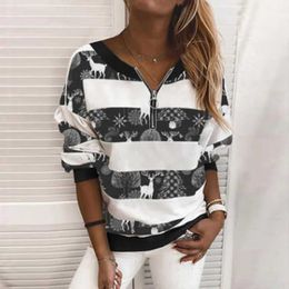 Women's Blouses Shirts Christmas Print Tops Autumn Winter New Elegant O-Neck Zip Blouse T Shirts TWomen Casual Long Slve Pullover Strtwear Y240510