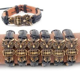 Whole 12pcsLOT Cool Boy Men Tribal style Owl Leather bracelets Black Wrap Hemp Bracelets Bangles gifts3167022