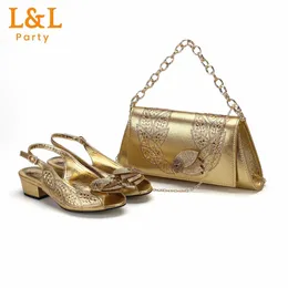 Dress Shoes Gold Colour Comfortable Rhinestone Design Peep Toe Sandals Noble Ladies Low Heels And Bag For Wedding