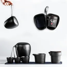 Teaware Sets Japanese Black Pottery Travel Tea Set Ceramic Portable Pot Of Three Cups Mini Storage