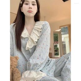 Home Clothing Korean Version Of Sweet Chequered Small Flowers With Fresh Lace Doll Neck Long Sleeved Pants Pyjama Set Sprin