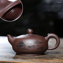 Teaware Sets 370ml Authentic Yixing Zisha Tea Pot Ball Shaped Infuser Holes Mountain River Pattern Carved Marked Engraved Kungfu Teapots