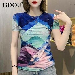Women's T Shirts Summer Fashion Round Neck Street Style Printing Mesh T-shirt Female Short Sleeve Slim Casual All-match Pullover Tee Tops
