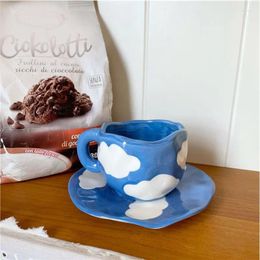 Mugs 200ml Irregular Ceramic Hand Kneaded Mug With Dish Breakfast Tea Milk Juice Cup Painted Cloud Pattern Drinking Coffee
