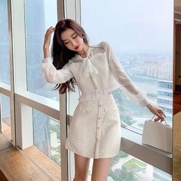Two Pieces Set Spring Women Sweet Bow tie Chiffon Long Sleeve Patchwork Tweed Crop Top High Waist Mini Skirt Suit 240508
