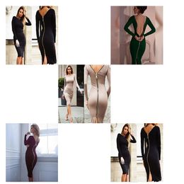 Dress Luxury Summer Designer Long-sleeved back zipper Europe United States sexy open women slim workplace temperament simple high-level sense Backless size s-2xl