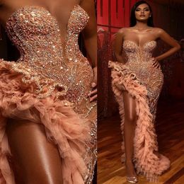 Elegant Evening Formal Dress Sweetheart Major Beading robes de soiree Crystals Sexy Prom Gowns Thigh High Slits Sequined Tiered Ruffles 233h
