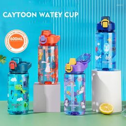 Water Bottles 600ML Children Cartoon Plastic Cup With Straw Portable Student Anti-falling Bottle Toddlers Beverage Kettle