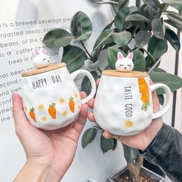 Mugs Cartoon Carrot Ceramic Mug With Lid Spoon Girls Drinking Water Cups Drinkware Kawaii Pig Peach Milk Coffee Tea Cup 400ml