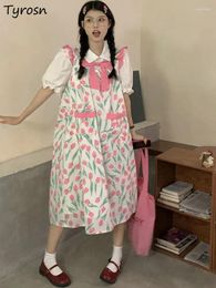 Work Dresses Dress Sets Women Summer Sweet Bow Simple Shirts Trendy Ruffles Korean Style Puff Sleeve Elegant Casual Midi Design Ladies