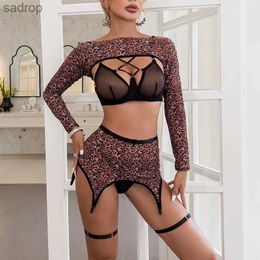 Bras Sets MUZISKAT Hot New Crossover with Steel Ring Gathering Network Red Sexy Underwear Stacked Leopard Pattern Long Sleeve Five Piece Set XW