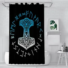 Shower Curtains Blue Fade Mjolnir And Runes Bathroom Norse Mythology Viking Waterproof Partition Curtain Home Decor Accessories