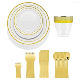 Dinnerware Sets 70Pcs Gold Tableware Set 10 Disposable Plates BPA Free Plastic Dish Plate Knife Fork Spoon Exquisite Party Supplies