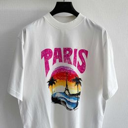 Version High b Family Sand Painting Sunset Paris Tower T-shirt with Worsted Breathable Cotton Fabric Loose Fit for Both Men and Women