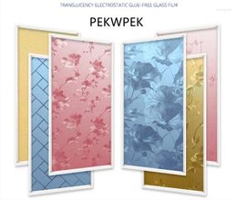 Window Stickers Chinese Style Lotus Red Blue And Gold Glass Opaque Bathroom Windows Film Kitchen High Security45-90CM