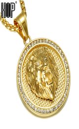 HIP Hop Ice Out Gold Colour Titanium Stainless Steel Pave Rhinestone Lion Head Pendants Necklaces for Men Jewellery Y2009188643526