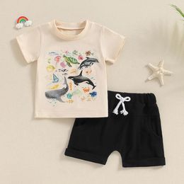 Clothing Sets Toddler Baby Boy Clothes Summer Vacation Outfit Sea Ocean Life T-shirt And Solid Colour Shorts 2pcs Set