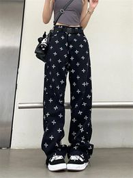 Women's Jeans QWEEK Y2K Streetwear Cross Black Women Oversized Gothic Emo Punk Wide Leg Denim Pants Female Hip Hop Vintage 90s Trousers