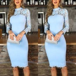 2022 Sheath Light Blue Cocktail Party Dresses High Neck Illusion Long Sleeve Lace Knee Length Prom Evening Special Occasion Dress Cheap 3023