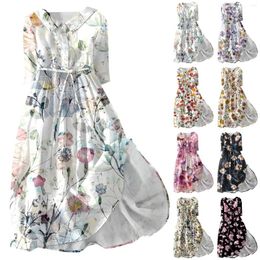 Casual Dresses Women's Fashion Floral Printed Lapel Buttoned Seven-Point Sleeved Dress With Tie-Downs Elegant Vestidos Curtos
