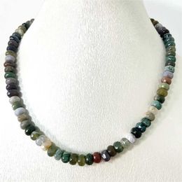 Beaded Necklaces 5 * 8mm face moss green Indian agate necklace natural gemstone flat pearl water pattern jewelry d240514