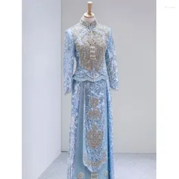 Ethnic Clothing 2024 Refined Blue Phoenix Embroidery Cheongsam Chinese Wedding Style Bride Dress Elegant Marriage Toast Evening Gown