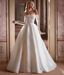 فستان زفاف ساتان عتيق من Bateau Bateau مع جيوب A-LINE LINE LISE LACE UP Back Vestido de Novia Bridals for Women