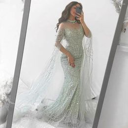 Party Dresses Luxury High Neck Mermaid Evening Dress With Cape Sleeves Elegant Beading Pearls Long Formal Prom Gown