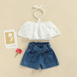 Clothing Sets 1-5Years Toddlers Girls Two-Piece Outfits White Lace Crochet Halter Neck T-Shirt Waist Belt Decoration Denim Shorts Set
