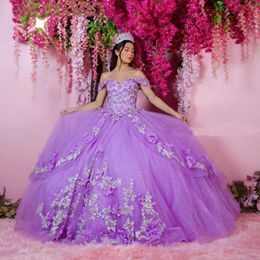 Purple 3D Flowers Quinceanera Dresses Ball Gown Formal Prom Graduation Gowns Princess Sweet 15 16 Dress Off The Shoulder 3184