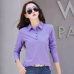 Autumn In Basic T Shirt Long Sleeve Cotton Plus Size Polo Women Button Casual Office Lady Formal Tops 240429