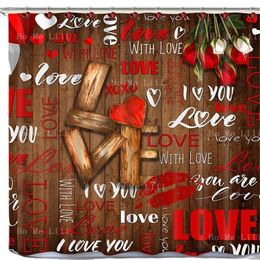 Shower Curtains Valentines Day Curtain Rustic Wood With Hooks Romantic Red Flower For Bathroom Waterproof Fabric Vintage Decor
