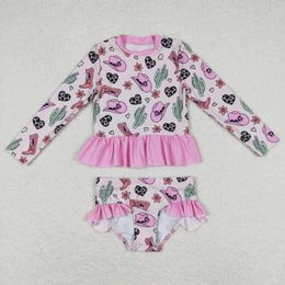 Clothing Sets S0262 Toddler Girls Clothes Cactus Flower Boots Pink Lace Jumpsuit Swmisuit Wholesale Summer Boutique For