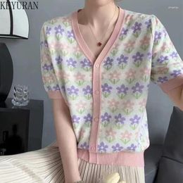 Women's Knits Korean Floral Jacquard Knitted Cardigan Women Summer Vintage Fashion V-Neck Single-breasted Short Sleeve Sweater Mujer Thin