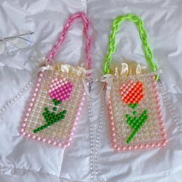 Evening Bags 2024 DIY Handmade Bucket Pink Orange Candy Tulip Flower Acrylic Transparent Beaded Handbag Woven Phone Shoulder Bag