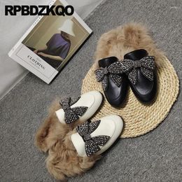Casual Shoes Bowknot Slippers Half Women Sheepskin Fur Round Toe Mules Slides Rhinestone Flats Bowtie Fuzzy Real Genuine Leather Fluffy