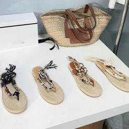 Sandals Twine Flip-toe Sandal Straw Fisherman Shoes Flats Sildes Gemstone Women Sandale Summer Beach Twine Strap Flip Flops Sandals Top Quality Straw Woven Shoes