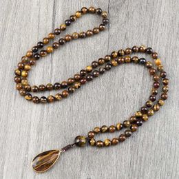 Beaded Necklaces Retro Design Tiger Eye Stone Necklace Handmade Knot 6mm 108 Mara Pearl Necklace Pendant Womens Yoga Jewelry Gift d240514
