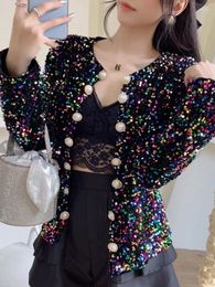Women's Jackets European Clothes Sequins Coat Sexy Shiny Bodycon Jacket Female Tops Long Sleeve Hand Made Bright Party Outerwear