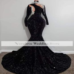 Black Mermaid Prom Dresses Sparkly Sequins Long Sleeves Black Girls African Celebrity Party Evening Gowns 309q